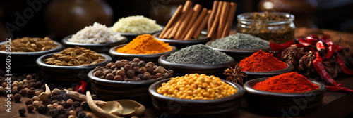 Wide banner image, colorful and delicious spices in dishes and bowls with bottles and  traditional Asian grinding tools on a table    
