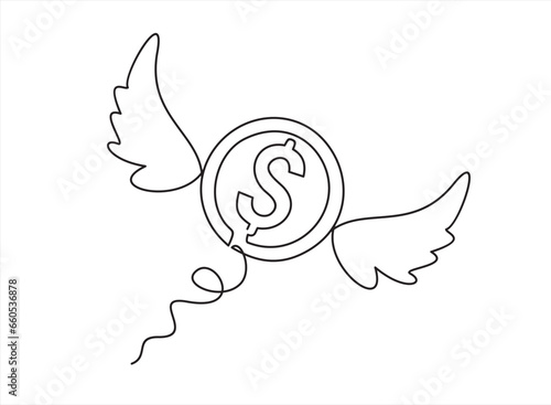 continuous line drawing of dollar coin with wings. Flying money. Economy, finance, money pictogram. Wealth symbol. Vector illustration. Free, easy. Spend, expenses