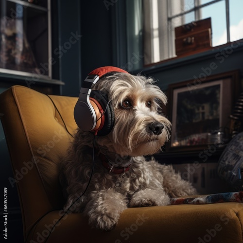 A furry dog seated on a couch using headphones listening to music, with a window as a background.