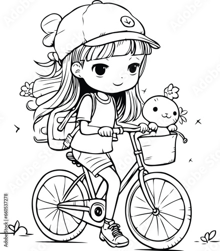 Cute little girl riding a bicycle. Vector illustration for coloring book.