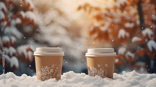 ボケた雪景色を背景に、テイクアウトのホットコーヒー2つが雪の上に置かれている写真 photo