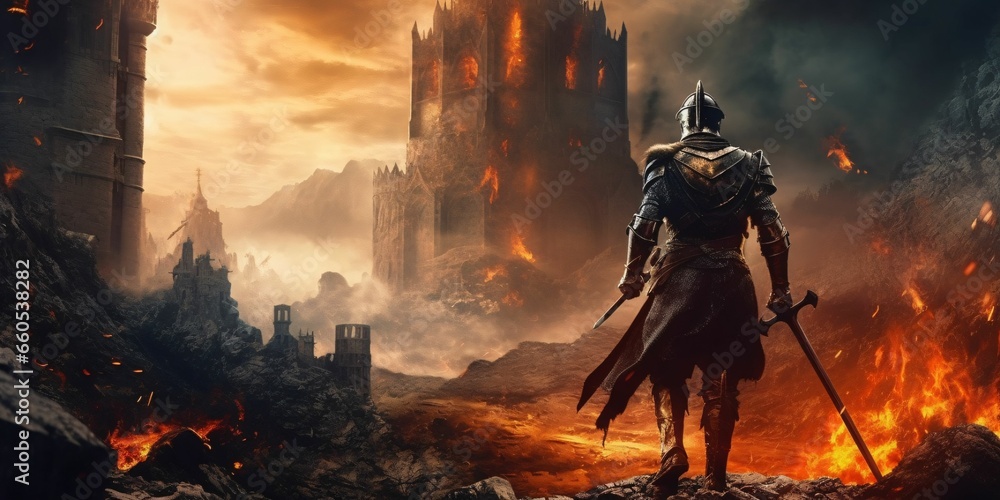Armored Medieval Warrior in Front of a Ruined Castle. Knight in Armor Armored Medieval Warrior in Front of a Ruined Castle. Knight in Armor