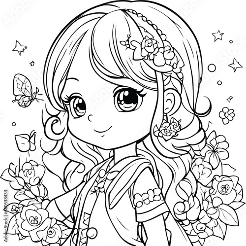 Coloring page for adults. Cute little girl with flowers.