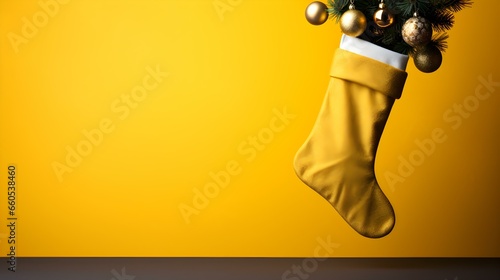 Isolated yellow Christmas Stocking in front of a festive Background. Cheerful Template with Copy Space
