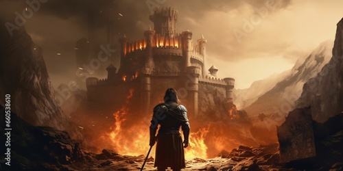 Armored Medieval Warrior in Front of a Ruined Castle. Knight in Armor