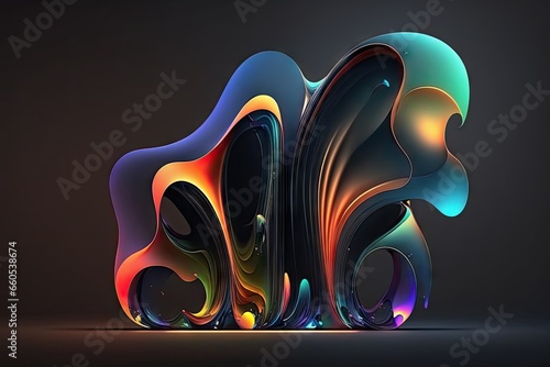 Abstract colorful wavy object with reflection  on dark background 