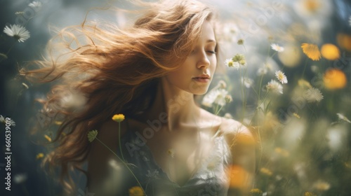 woman with flowing hair in the wind in a field full of wild flowers