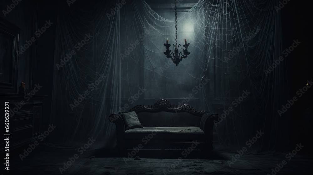 dark and gloomy room with spider webs - obrazy, fototapety, plakaty 