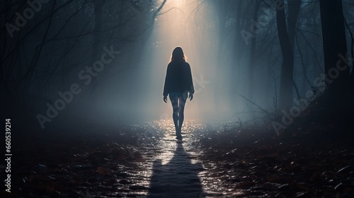 woman in the foggy forest rear view