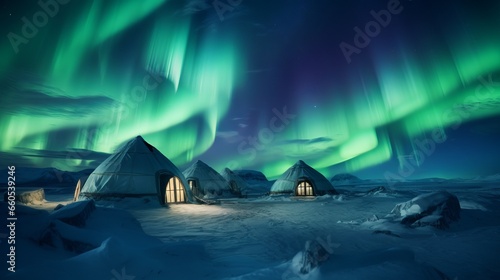 Aurora Borealis illuminating an igloo village