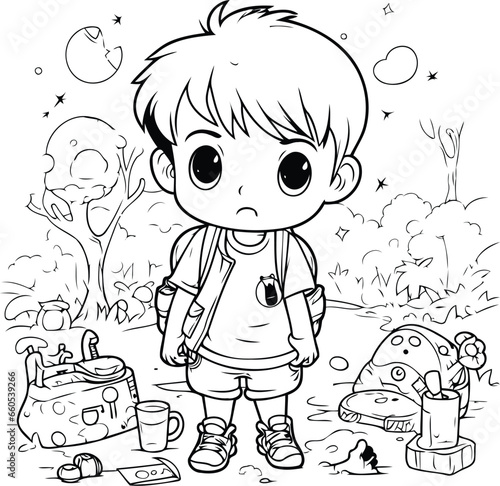 Cute little boy hiking in the forest. Vector illustration for coloring book