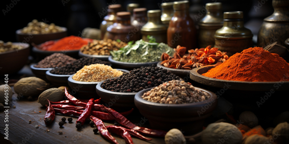 Spices filled dished on a table 