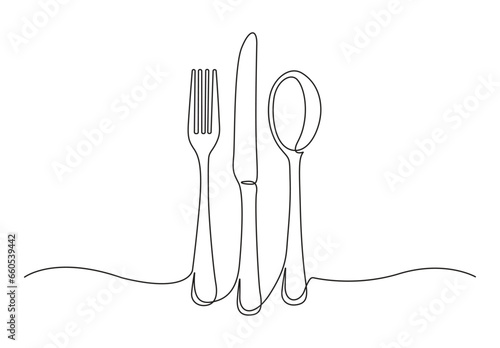 Single line drawing of Spoon, forks, knife, eating utensils. Kitchenware line art style for logos, business cards, banners. Vector illustration.