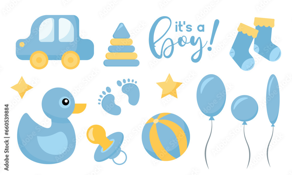 Decorative elements for baby shower design. Gender reveal party card, banner, vector element design. It's a boy gender reveal set