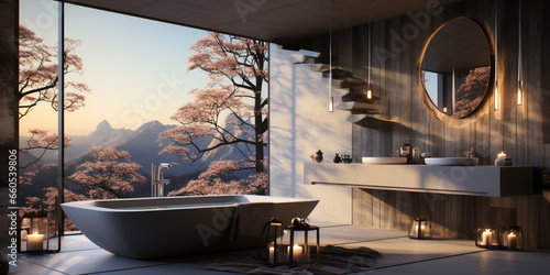 Interior Design of Elegant Spacious Bathroom, Luxury bathtub, Romantic Atmosphere,