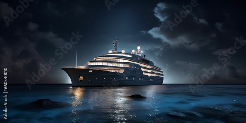 Luxury Motor Yacht Sailing in The Sea At Night with Starry Sky