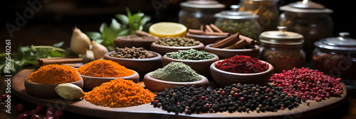 Herbal spices banner with various colorful masala powder in dishes 