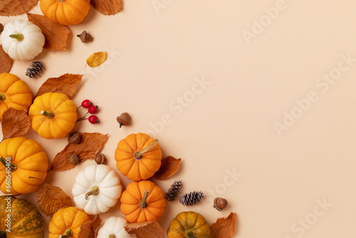 Autumn Thanksgiving holiday background from pumpkins, colorful dried leaves and fall decorations top view..