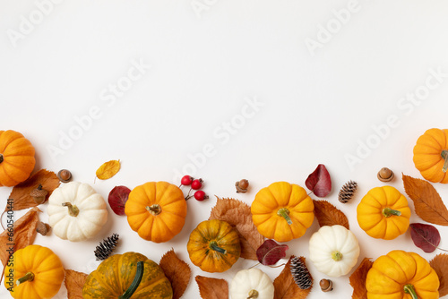 Autumn holiday background from pumpkins, colorful dried leaves and fall decorations. Happy thanksgiving day, harvest and halloween concept. .
