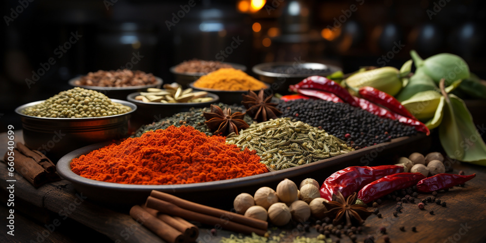 Herbal spices banner with various colorful masala powder in dishes 