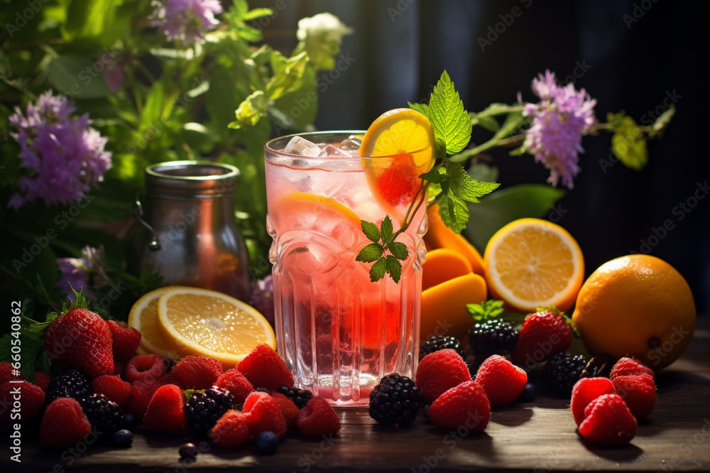A tall glass filled with fruit and ice, Generative AI A tall glass filled with fruit and ice, Generative AI