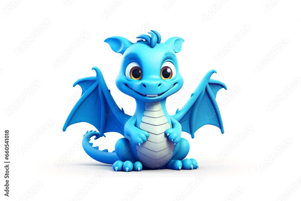 A cheerful blue dragon with wide eyes and spread wings poses playfully on white background. Cartoon character toy in 3d style A cheerful blue dragon with wide eyes and spread wings poses playfully on white background. Cartoon character toy in 3d style