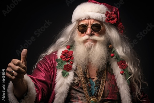 Portrait of santa claus in a sunglasses on a dark background thumbs up.