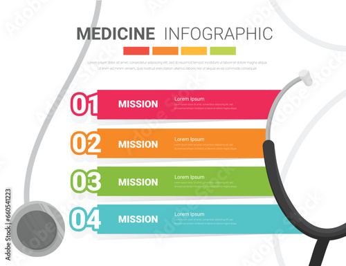 Stethoscope Infographic, Medicine and healthcare concept in flat style, Stethoscope patient treatment, ready-to-use syringes, presentation properties, medical properties, Healthy life concept.