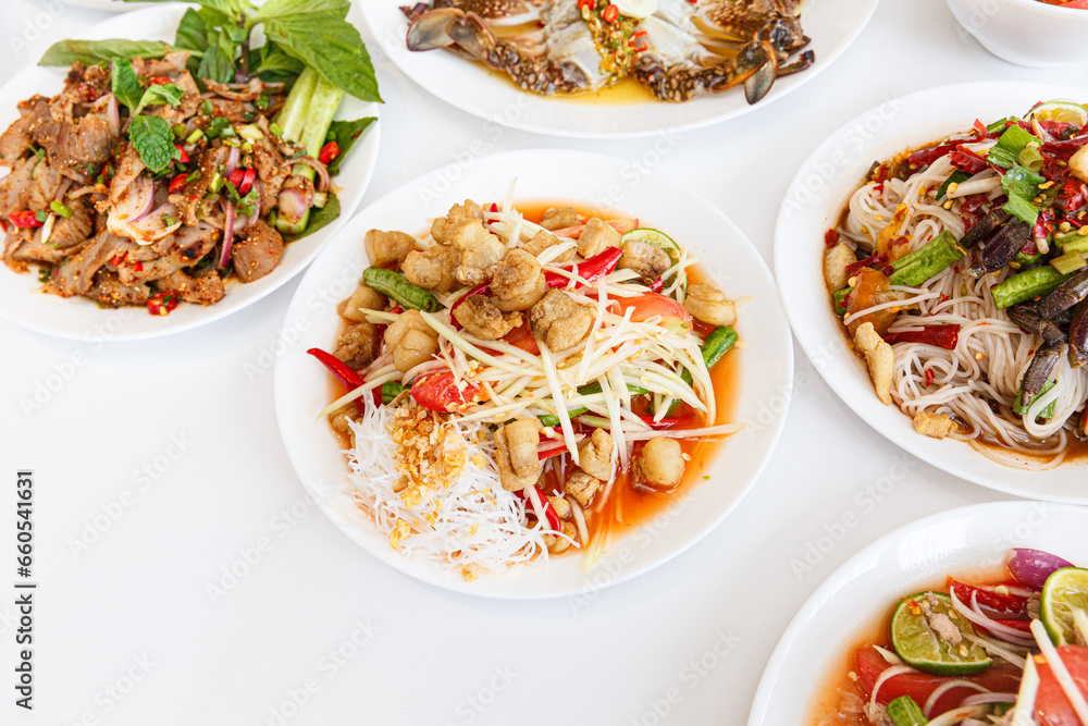 Papaya salad (som tum) with fried pork rind Papaya salad (som tum) with fried pork rind