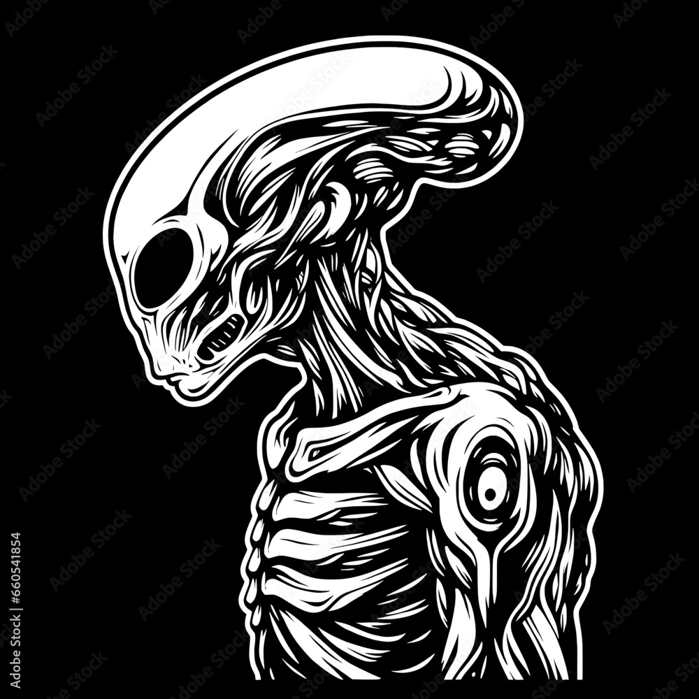 Alien Intellect: A striking black and white line art illustration of a ...
