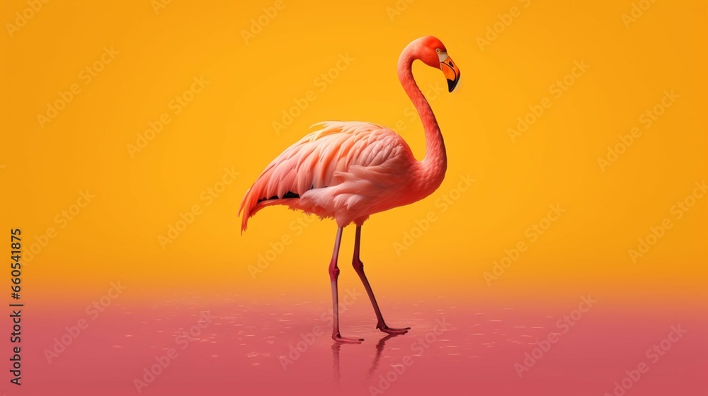Fototapeta premium Pink flamingo in yellow background.Generative AI