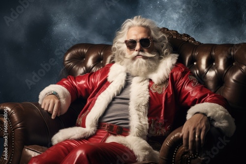 Santa claus sitting on armchair with christmas tree.
