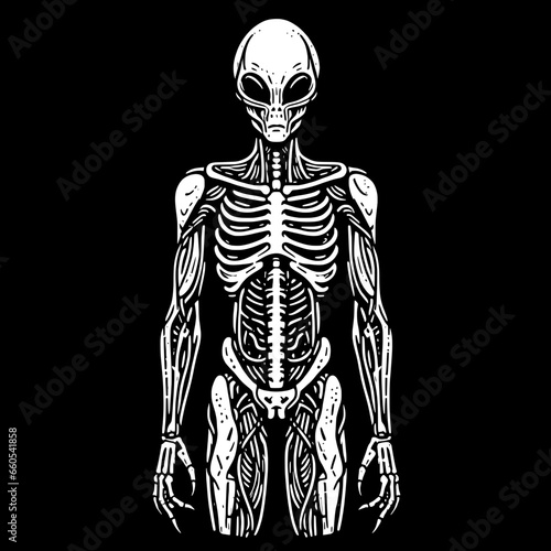 Monochrome depiction of a alien skeleton vector