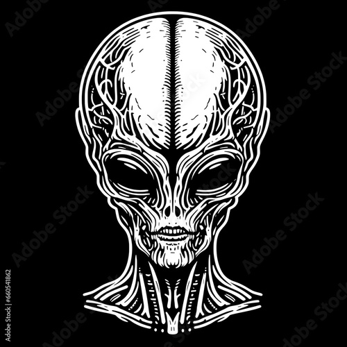 Black and white illustration of a detailed, symmetrical alien head