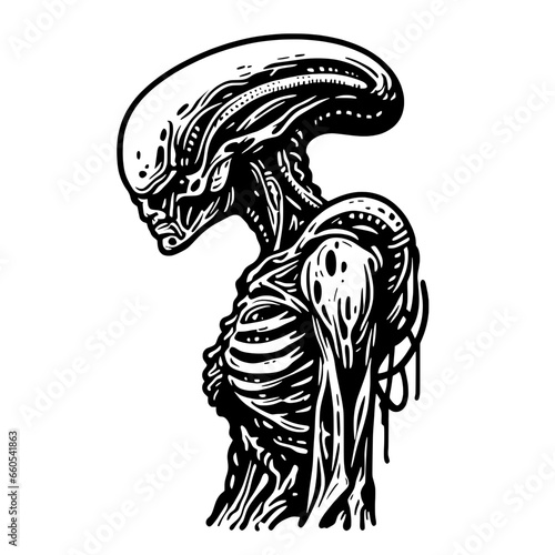 Monochrome illustration of an alien creature with a skeletal body and elongated head.