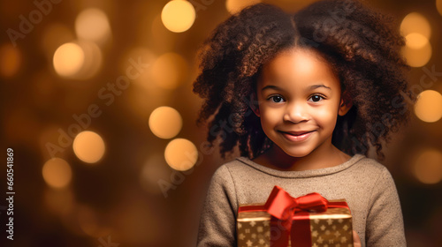 Little cute African American girl holding a gift box on golden Christmas background. © julijadmi