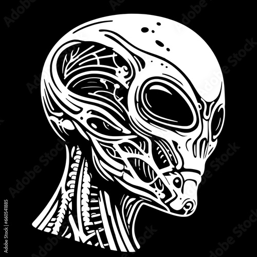 Alien Skull Art: A striking black and white illustration featuring an intricately designed alien skull with an elongated head and large eye sockets, set against a solid black background.
