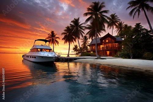 Sunset resort in the Maldives with a boat, palm tree, and beautiful scenery. Generative AI
