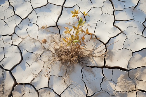 Un sol sec et fissuré montrant quelques plantes dans le terre photo