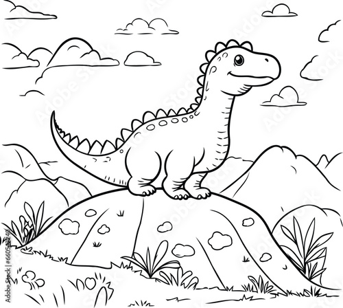 Fototapeta Naklejka Na Ścianę i Meble -  Cute cartoon dinosaur on a rock. Vector illustration for coloring book.