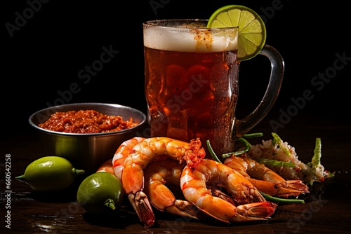 A prepared drink with cucumber, shrimp, chamoy, celery, and clamato in a glass of beer. Generative AI photo