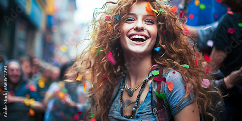 Vibrant young woman with golden curls laughing in a lively city festival amid colorful confetti.