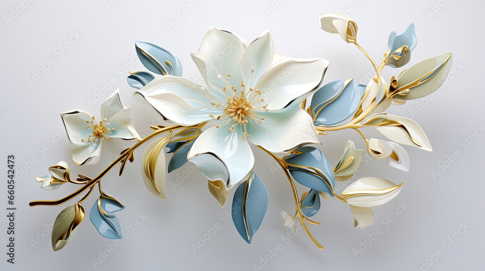 a white flower with blue leaves on a white background.   Gouache Painting of a Olive color flower, Perfect for Wall Art.