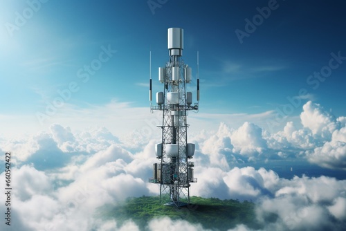 Communication equipment on clouds background with wireless modules, smart antennas, telecommunication tower, and macro base station. Generative AI