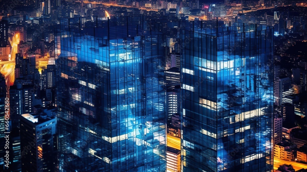 background of Japanese office Building lights at night and urban night skyline.