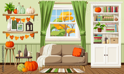 Autumn living room interior. Living room interior design with autumn decorations. Living room with a sofa, a bookcase, pumpkins, and autumn garlands. Cartoon vector illustration