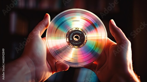 A vintage image from the 80s shows an individual proudly holding a compact disc, signifying the technological leap in music. Generative AI.
