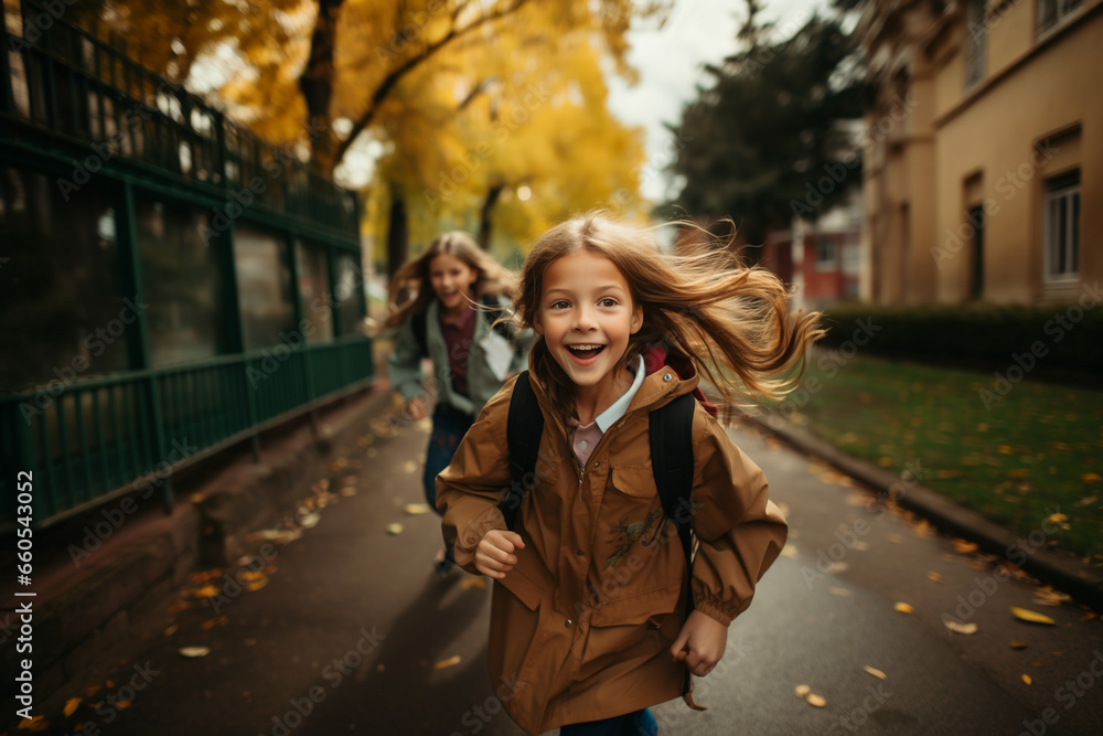 happy girl running in the city looking at camera going to school in autumn