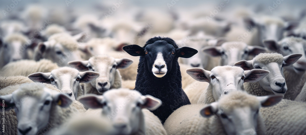 A black sheep among a flock of white sheep, raising head as a leader - Concept of standing out from the crowd, of being different and unique with its own identity and special skills among the others - obrazy, fototapety, plakaty 
