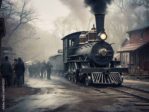 An old-fashioned steam engine sits in a charming American village, bringing back a sense of nostalgia. photo